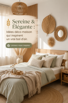 Chambre chic et apaisante avec une décoration bohème et des éléments naturels.