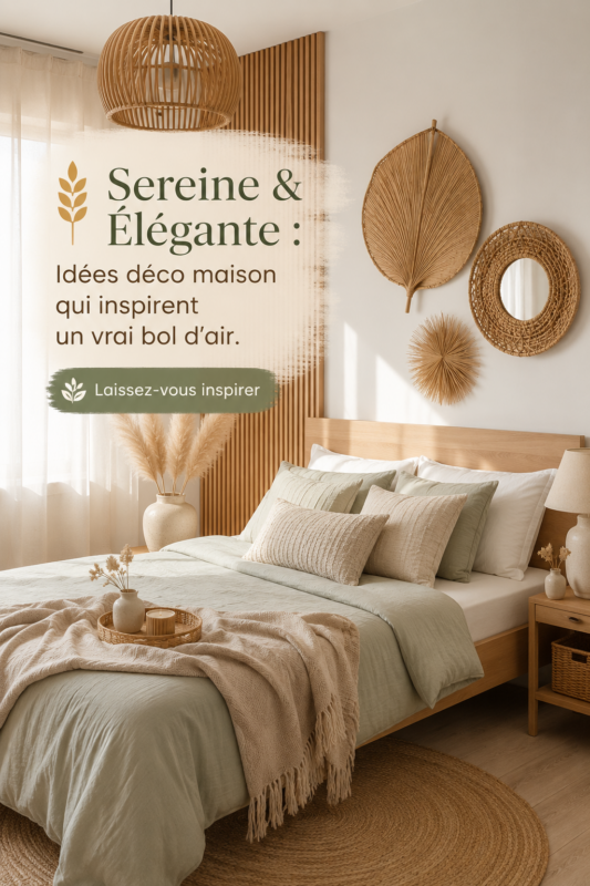 Chambre chic et apaisante avec une décoration bohème et des éléments naturels.