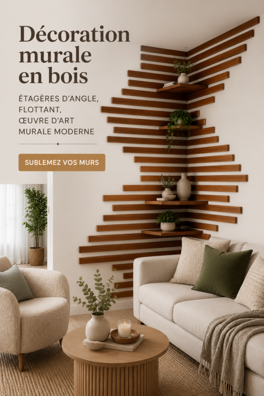Mur décoré avec des étagères en bois flottantes et des œuvres d'art modernes.
