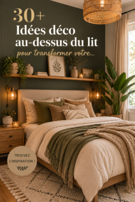 Une chambre cosy avec une décoration originale au-dessus du lit en bois et en cadres.