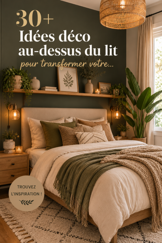 Une chambre cosy avec une décoration originale au-dessus du lit en bois et en cadres.