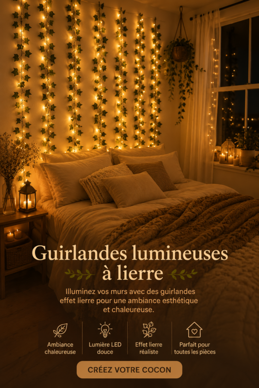Chambre cosy décorée avec des guirlandes lumineuses en vignes