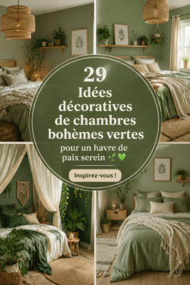 Chambre boho décorée en vert avec des éléments naturels et textiles doux