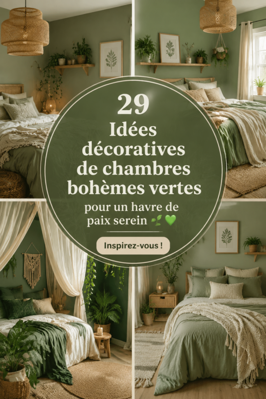 Chambre boho décorée en vert avec des éléments naturels et textiles doux