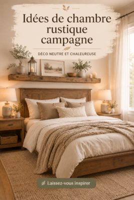 Chambre rustique avec décoration cosy, couleurs neutres et mobilier en bois