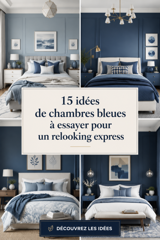 Chambre décorée en bleu avec des accents confortables et modernes.