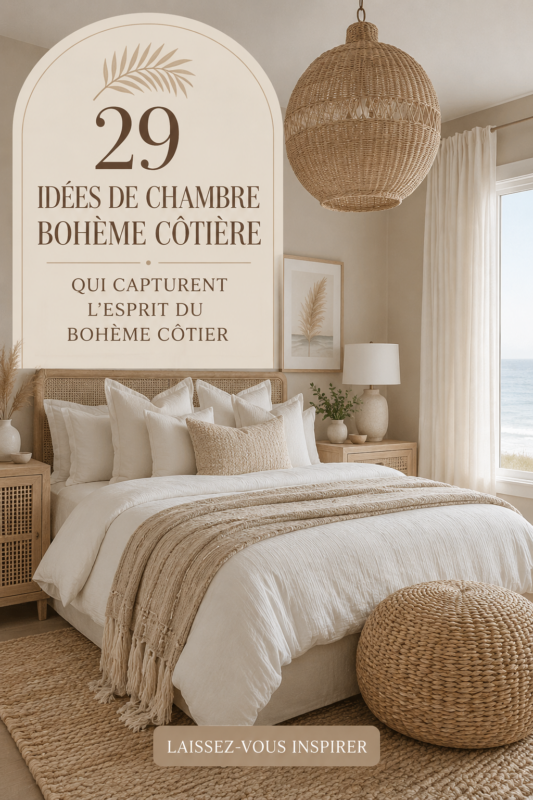 Chambre boho côtière avec textiles naturels et couleurs apaisantes