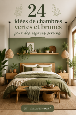 Chambre décorée dans des teintes vertes et marron, créant une ambiance sereine