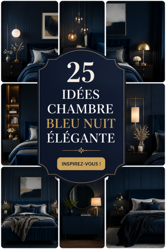 Chambre élégante décorée en bleu foncé avec des draps et des rideaux coordonnés.