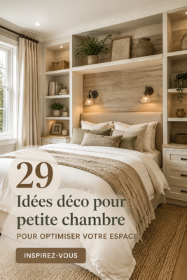 Petite chambre décorée avec des couleurs claires et des meubles multifonctionnels.