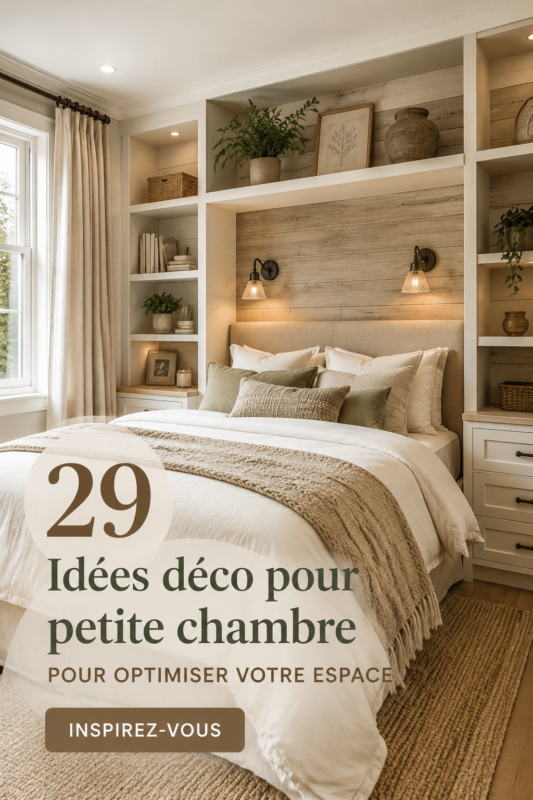 Petite chambre décorée avec des couleurs claires et des meubles multifonctionnels.