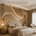 Tête de lit en bois avec panneaux décoratifs dans une chambre cosy.