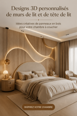 Tête de lit en bois avec panneaux décoratifs dans une chambre cosy.