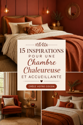 Chambre décorée de couleurs chaudes et textiles doux pour une ambiance cosy.