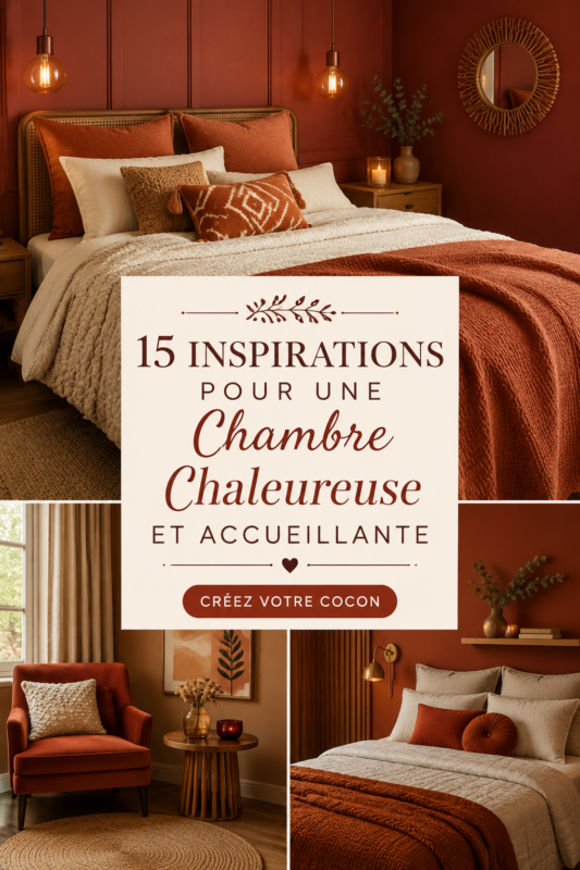 Chambre décorée de couleurs chaudes et textiles doux pour une ambiance cosy.