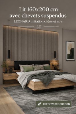 Lit 160x200 cm avec chevets suspendus en imitation chêne et noir, décor moderne