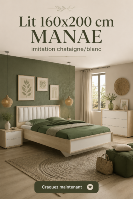 Lit 160x200 cm MANAE imitation châtaigne et blanc, parfait pour une chambre cozy