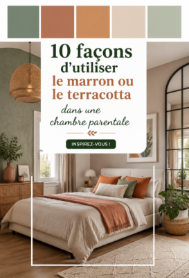 Chambre parentale avec des accents marron et terracotta pour une ambiance cosy.