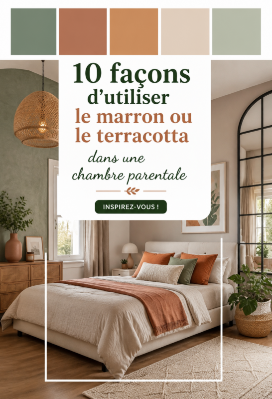 Chambre parentale avec des accents marron et terracotta pour une ambiance cosy.