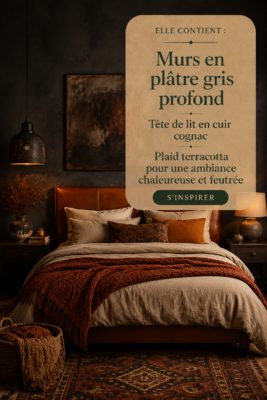 Chambre cocooning avec murs en plâtre foncé et tête de lit en cuir cognac.