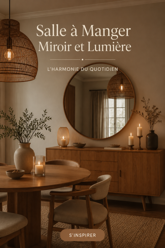 Salle à manger décorée avec des miroirs et un éclairage chaleureux.