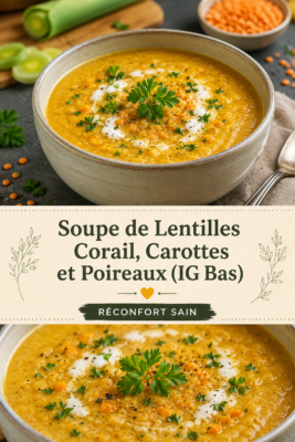 Soupe de lentilles corail servie dans un bol avec des morceaux de carottes et poireaux