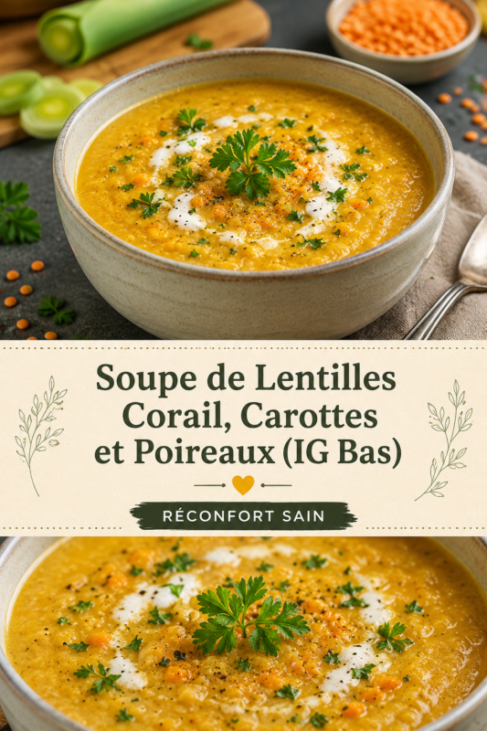 Soupe de lentilles corail servie dans un bol avec des morceaux de carottes et poireaux