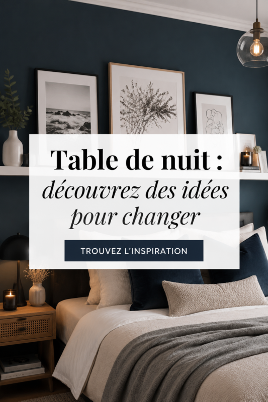 Table de nuit en bois dans une chambre cosy avec lampes et décorations