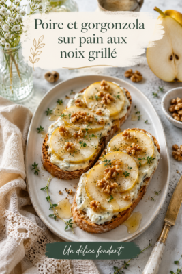 Tartines de poire et gorgonzola sur pain de noix avec décoration cosy