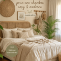 Tête de lit en rotin dans une chambre cosy et moderne