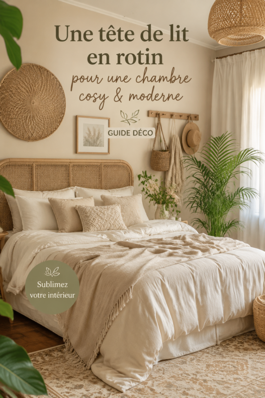 Tête de lit en rotin dans une chambre cosy et moderne
