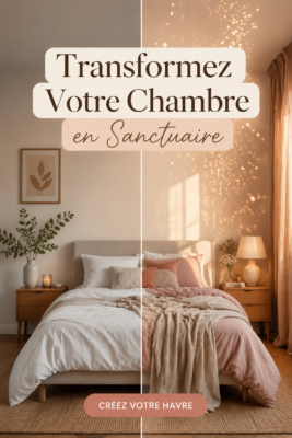Chambre décorée dans des tons apaisants avec des textiles doux, créant un espace cosy