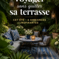 Terrasse décorée avec des meubles confortables et des plantes tropicales, évoquant une ambiance de vacances.