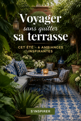Terrasse décorée avec des meubles confortables et des plantes tropicales, évoquant une ambiance de vacances.