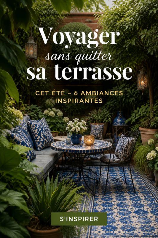 Terrasse décorée avec des meubles confortables et des plantes tropicales, évoquant une ambiance de vacances.