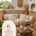 Une terrasse cosy aménagée avec des coussins et des lanternes.