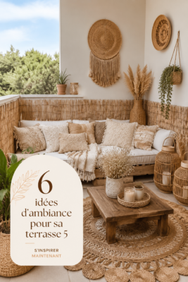 Une terrasse cosy aménagée avec des coussins et des lanternes.