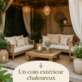 Espace extérieur cosy avec pergola en bois et décoration neutre