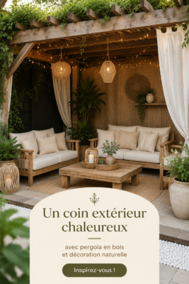 Espace extérieur cosy avec pergola en bois et décoration neutre