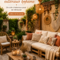 Aménagement d'un espace extérieur cosy avec des éléments de décoration boho.