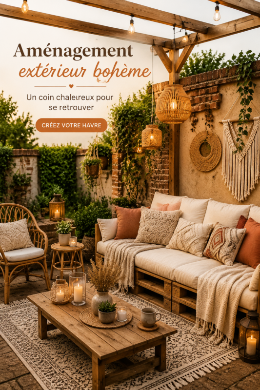 Aménagement d'un espace extérieur cosy avec des éléments de décoration boho.