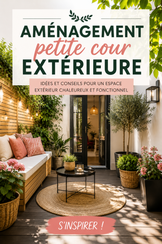 Aménagement d'une petite cour extérieure cosy avec des plantes et du mobilier