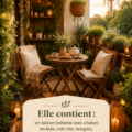 Balcon boho avec chaises en bois, plantes suspendues et lumière douce durant le coucher de soleil.