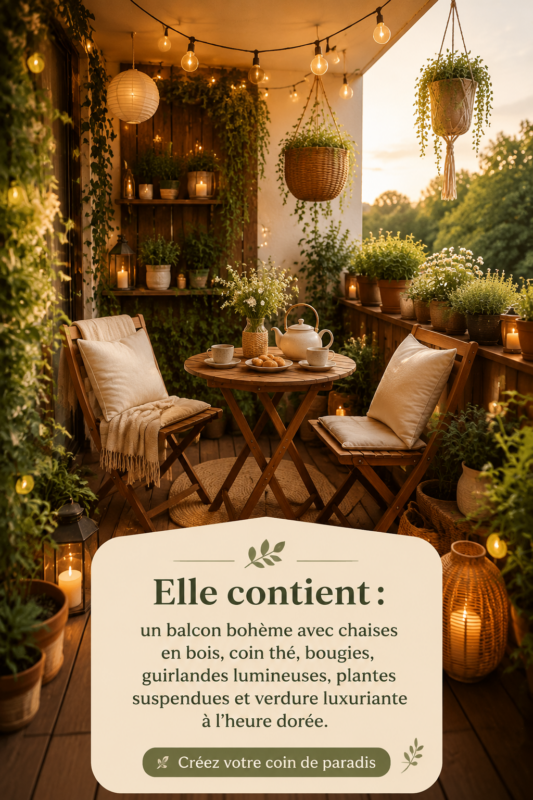 Balcon boho avec chaises en bois, plantes suspendues et lumière douce durant le coucher de soleil.