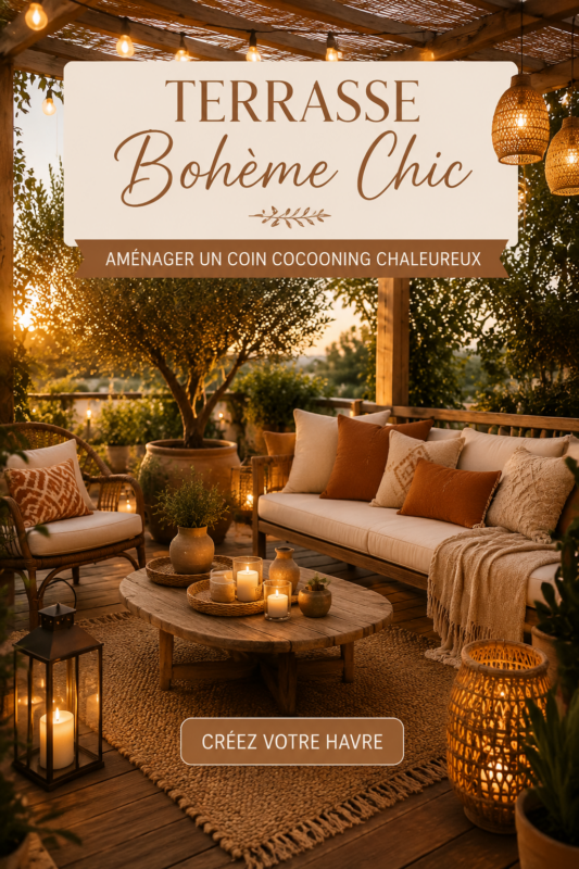 Une terrasse aménagée en coin cocooning avec des coussins confortables et des plantes.