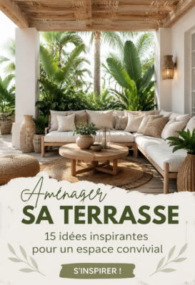 Terrasse aménagée avec des plantes, mobilier confortable et ambiance cosy.