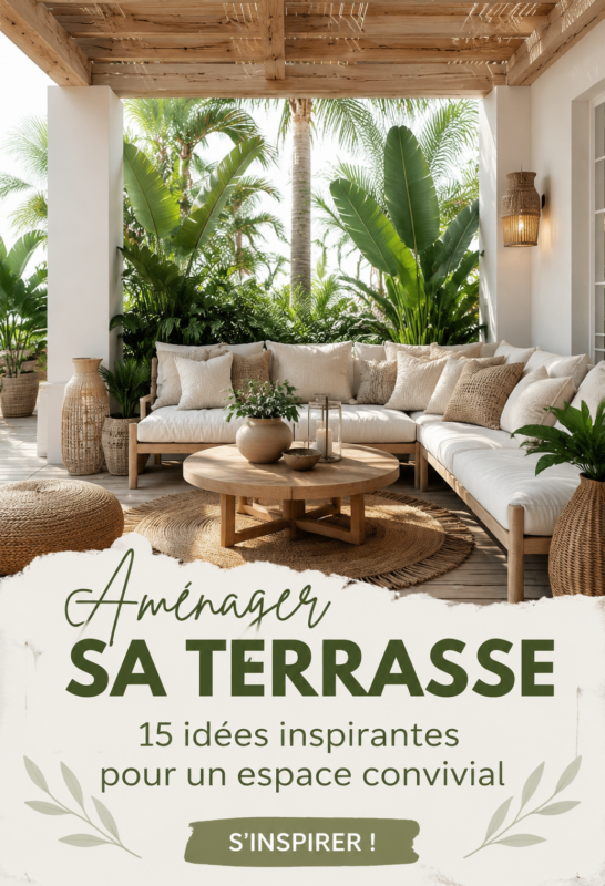 Terrasse aménagée avec des plantes, mobilier confortable et ambiance cosy.