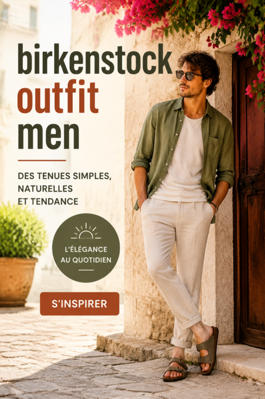 Un homme portant des Birkenstock avec une tenue décontractée moderne dans un cadre urbain.