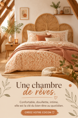 Une chambre cozy avec des couleurs douces et un éclairage tamisé.