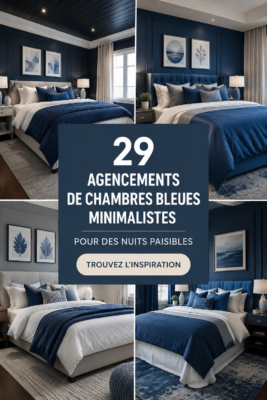 Chambre minimaliste décorée en bleu avec des accents cosy